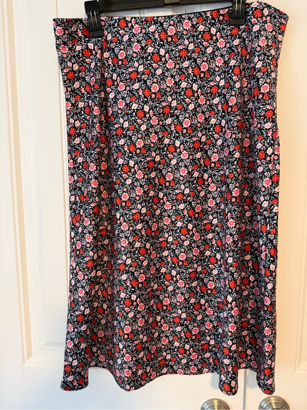 LOFT Navy A-Line Midi Skirt with Pink and Red Floral Print